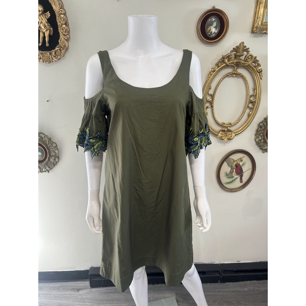 Pinko Olive Green Cold Shoulder Embroidered Sleeve Shift Dress Size 8 IT 44